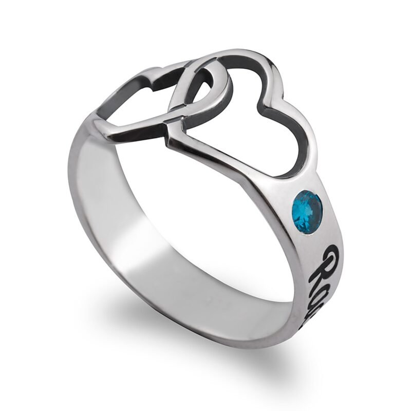 Birthstone Ring with Engraved Hearts and Names - 24K Gold Plating white background