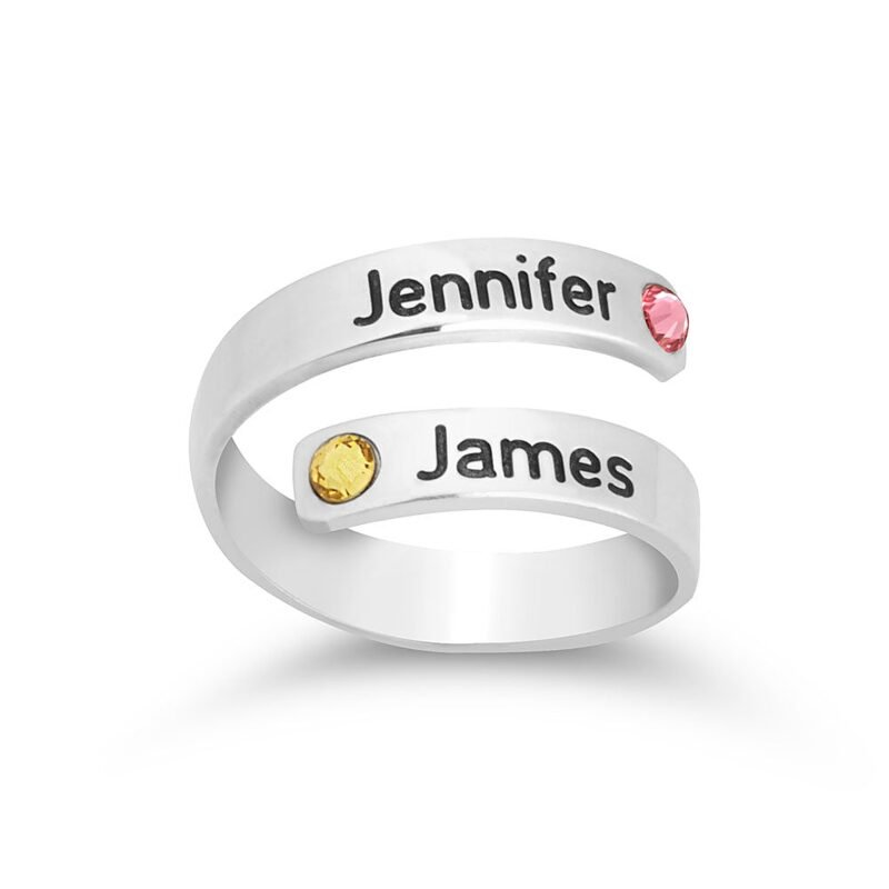Couple Birthstone Name Ring - Sterling Silver white background