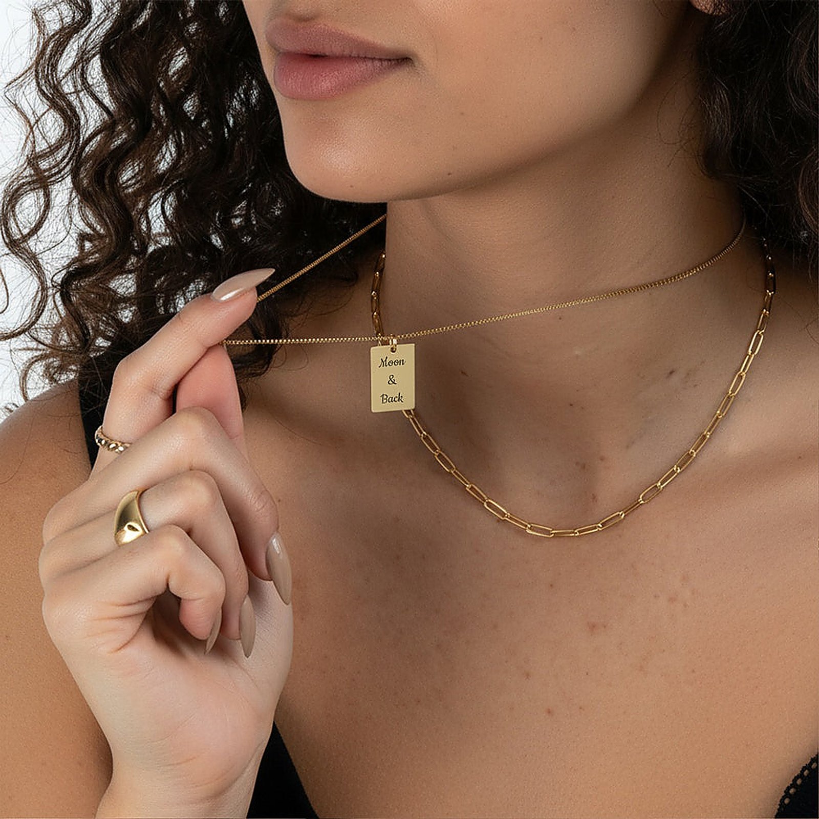 Custom Engraved Tag Necklace - model worn