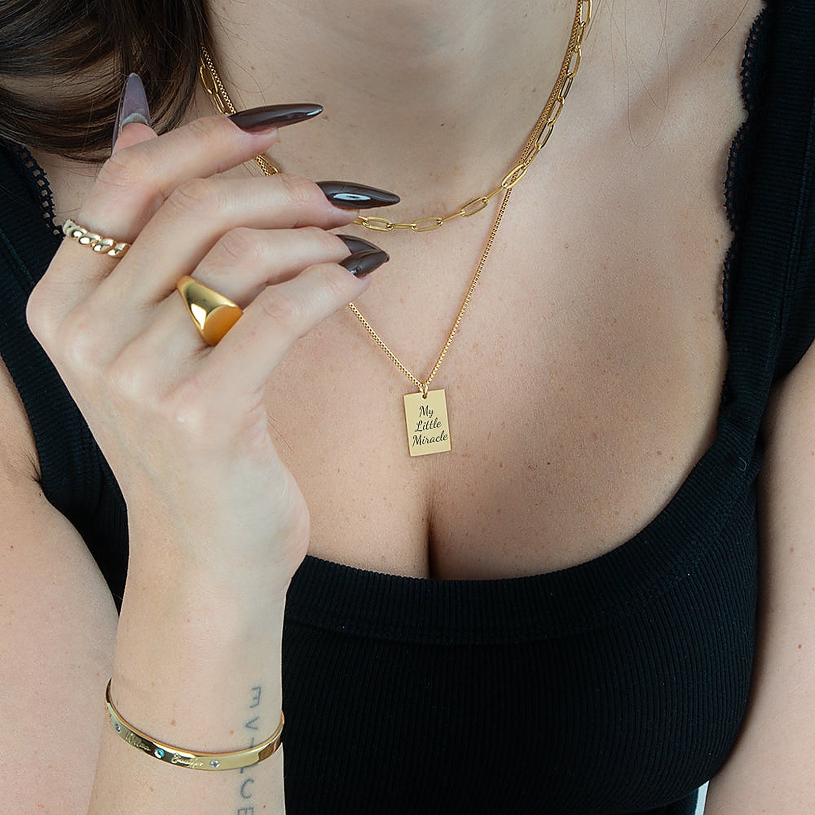 Custom Engraved Tag Necklace - model worn