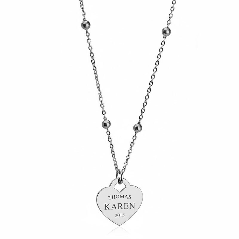 Custom Engraving Beaded Chain Heart Necklace - Gold white background