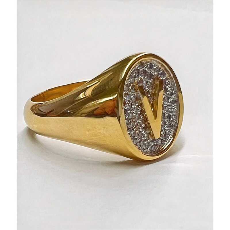 Celebrity Moissanite Signet Ring with Initial - Gold Plated - Sterling Silver moissanite signet intial ring v t