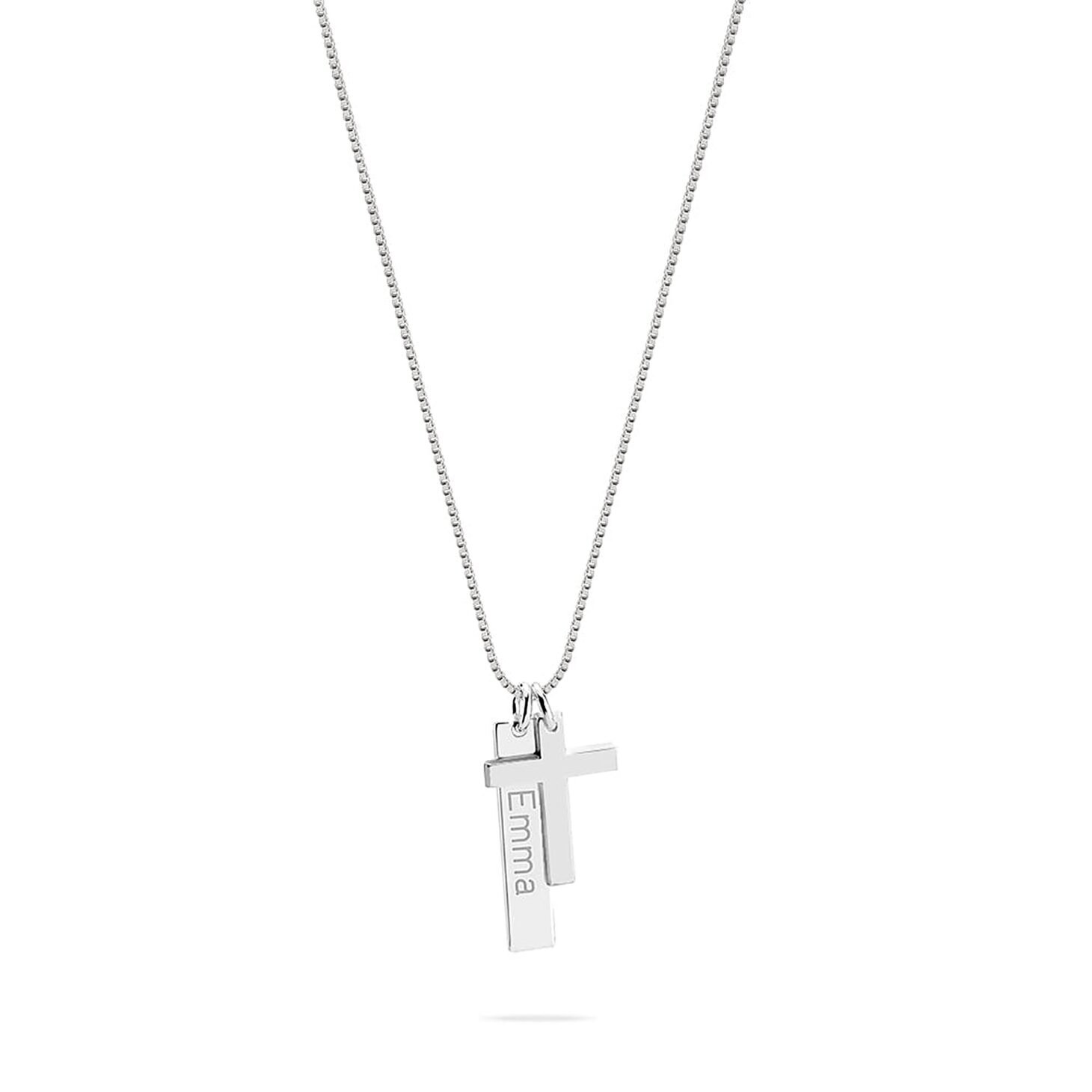 Engraved Bar Necklace with Cross