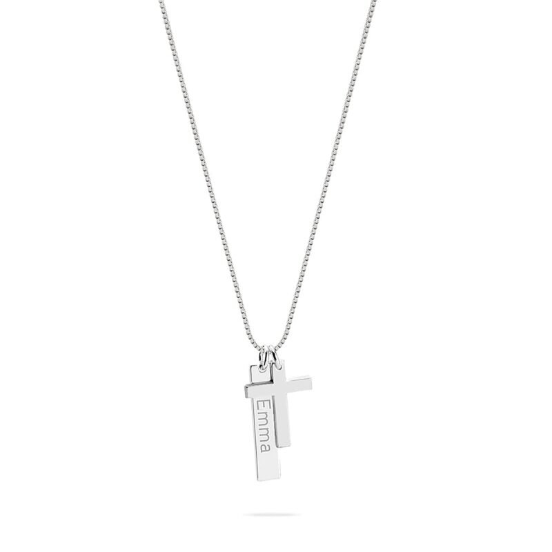 Engraved Bar Necklace with Cross - Rose Gold Plating white background