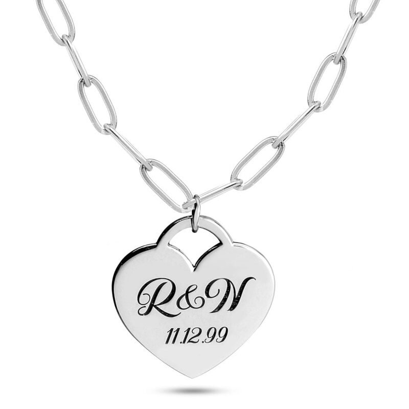 Engraved Heart Necklace with Paperclip Chain - Rose Gold Plating white background