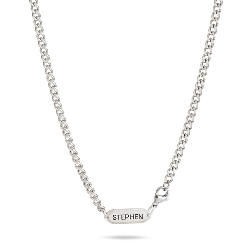 Men's Curb Chain Necklace with Engraved Tag - Stainless Steel white background