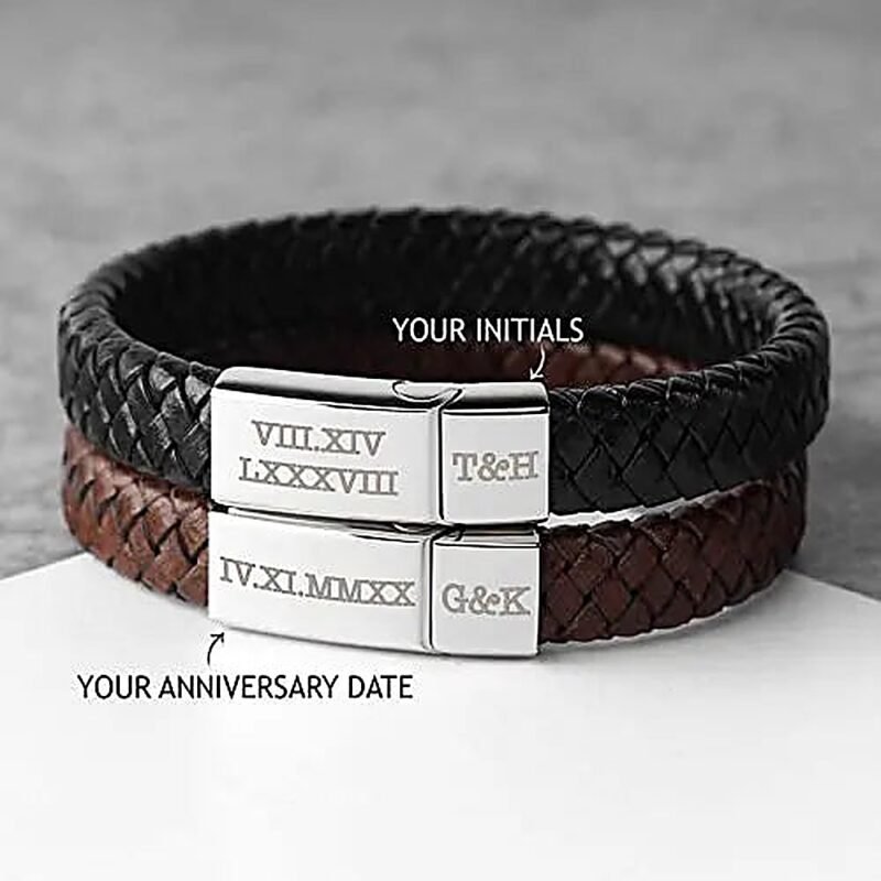 Roman Numerals Engraved Mens Bracelet, Woven Braided Leather Bracelet - S 71s pqeu l sy500